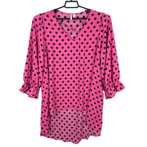 Womens Cato Pink & Black Polka Dot High-Low Blouse 3/4 Ruffle Sleeve Size 18/20W